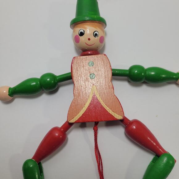 Vintage Wood Pull String Elf Jumping Jack Toy Christmas Ornament - Picture 2 of 4